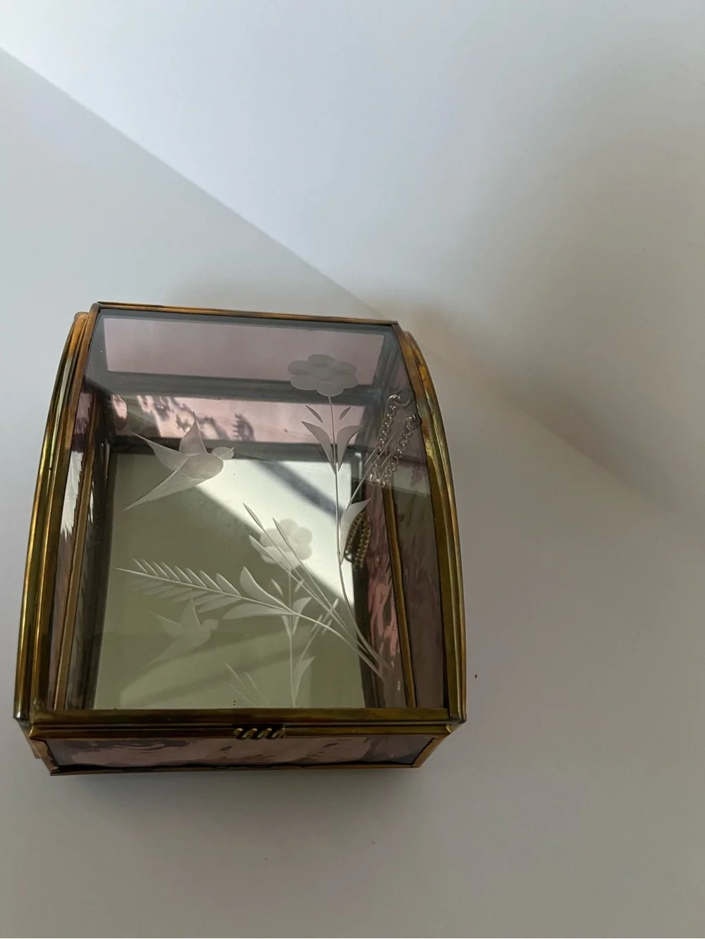 Vintage Brass Trinket Jewelry Box Etched Floral Purple Glass Curved Lid Romantic